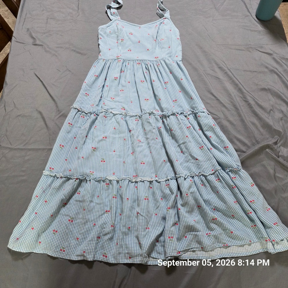 Japna Blue Gingham Cherry Print Tiered Maxi Dress Small Smocked Back Summer